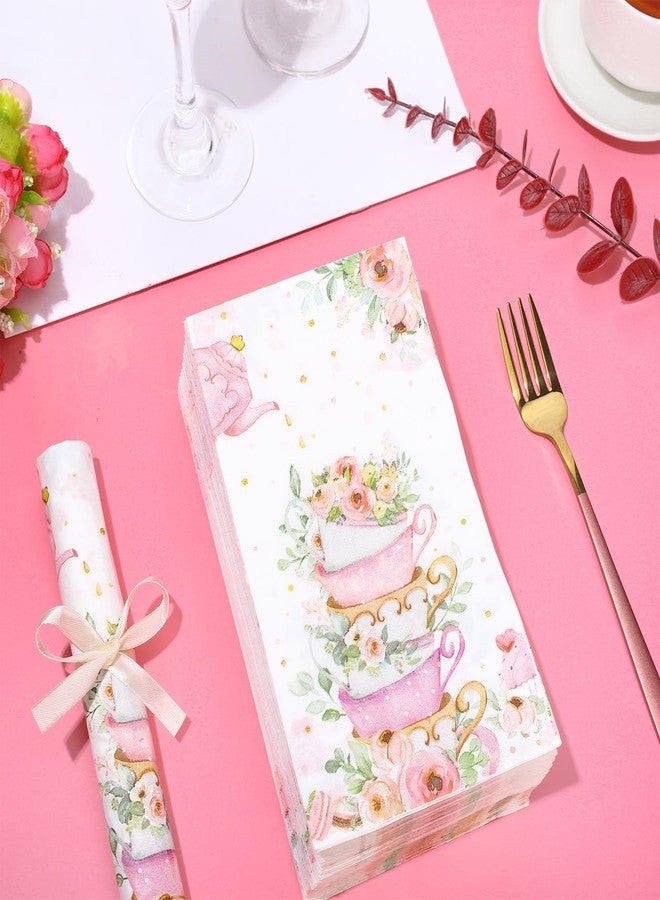 Whaline 100Pcs Tea Party Guest Napkins Floral Teacup Disposable Napkins Flower Tea Cup Dinner Hand Towel Paper Napkins for Bathroom Wedding Baby Shower Party Table Decor Supplies - Image 4